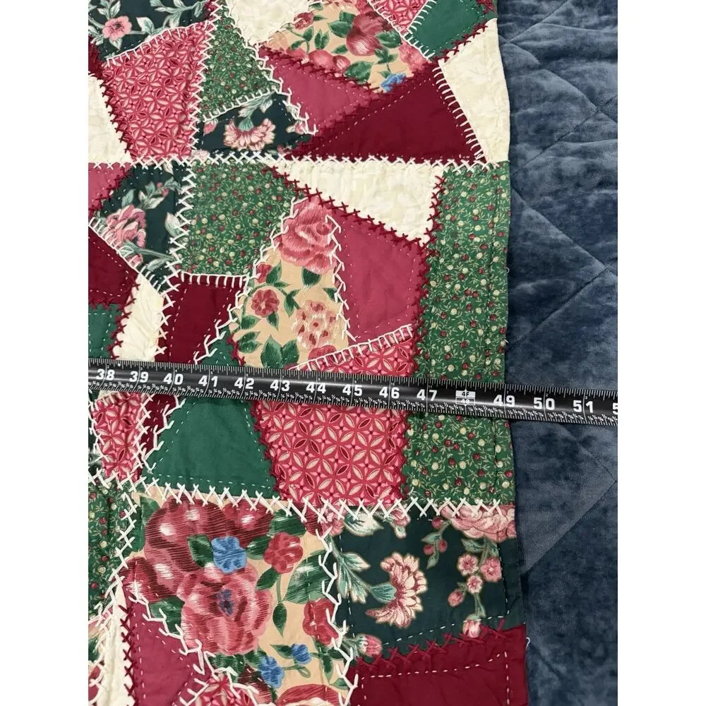Vintage Red White Green Maroon Handmade Crazy Quilt 59in X 49in Christmas